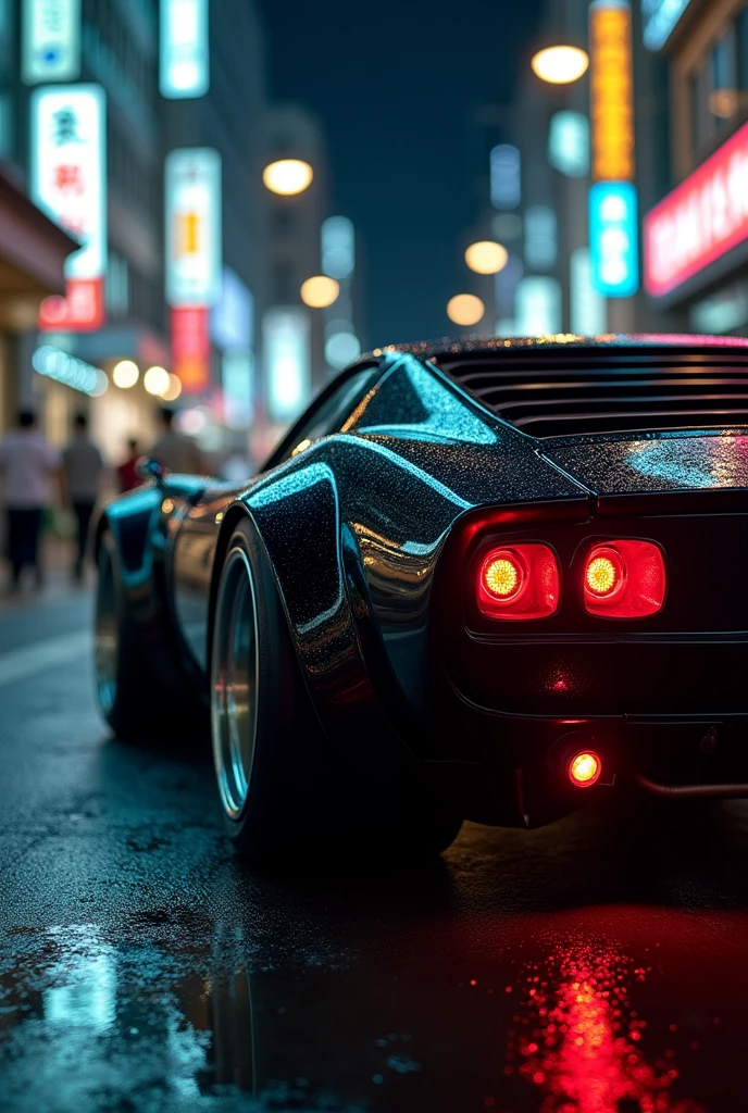 Lamborghini Miura (1966) Glossy Black , with extreme widebody kit, LED lights under the car, close-up photo shot, hyper-realistic, focus on car, Night Tokyo, lo-fi vibes, professional photo-shot , Vice City vibes, hyper-realistic details, realism, detailed reflections, urban scenery, professional photo quality, realistic artwork, moody lighting, anime scene, chilling vibes