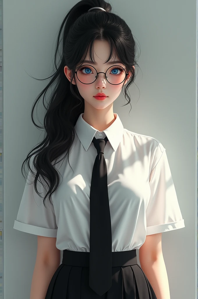 (High quality, 8ก, 4K, high contrast, Masterpiece:1.2, 最High quality, The best aesthetics ), beauty, very detailed, Sexy and erotic girls, (big breasts, long black hair , High ponytail , My face covers one eye. , blue eyes ) , Girl 1 , white shirt , black skirt , Black tie , Wear round glasses , Height 166 , Gentle face , Thai students