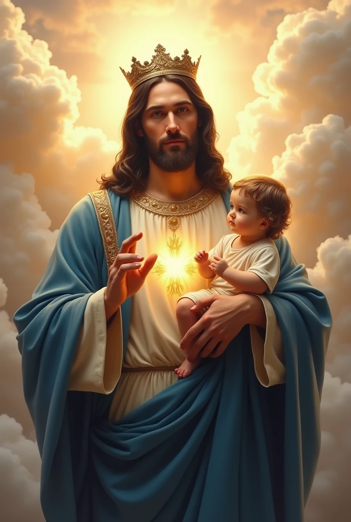 (photorealism:1.2), handsome Jesus Christ, carrying baby Jesus, wearing blue king clothes and crown with  light in his head and heart spreading all over in the clouds, perfect Jesus Christ, real Jesus Christ, perfect five hands, perfect smiling face, elegant, soft lighting, many clouds, stand straight, realistic, intricate details, warm colors, by Earl Cornelio Necor