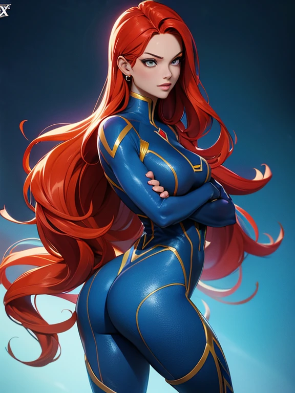 "Jean Grey standing confidently in a tight X-Men uniform, her athletic build and curvaceous figure highlighted by the form-fitting suit. The yellow and blue suit accentuates her narrow waist and strong legs, detailed tight ass, while her flowing red hair adds a dynamic touch."