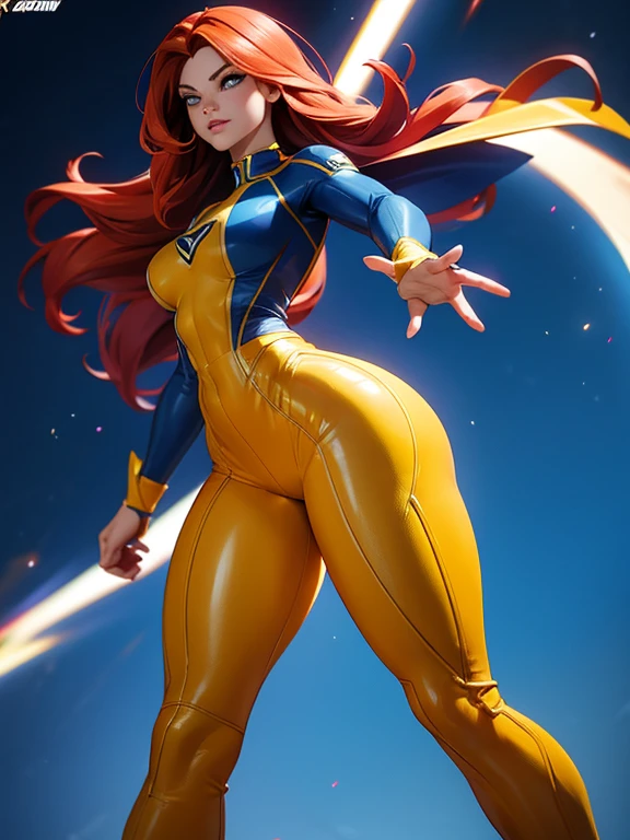 "Jean Grey standing confidently in a tight X-Men uniform, her athletic build and curvaceous figure highlighted by the form-fitting suit. The yellow and blue suit accentuates her narrow waist and strong legs, detailed tight ass, while her flowing red hair adds a dynamic touch."