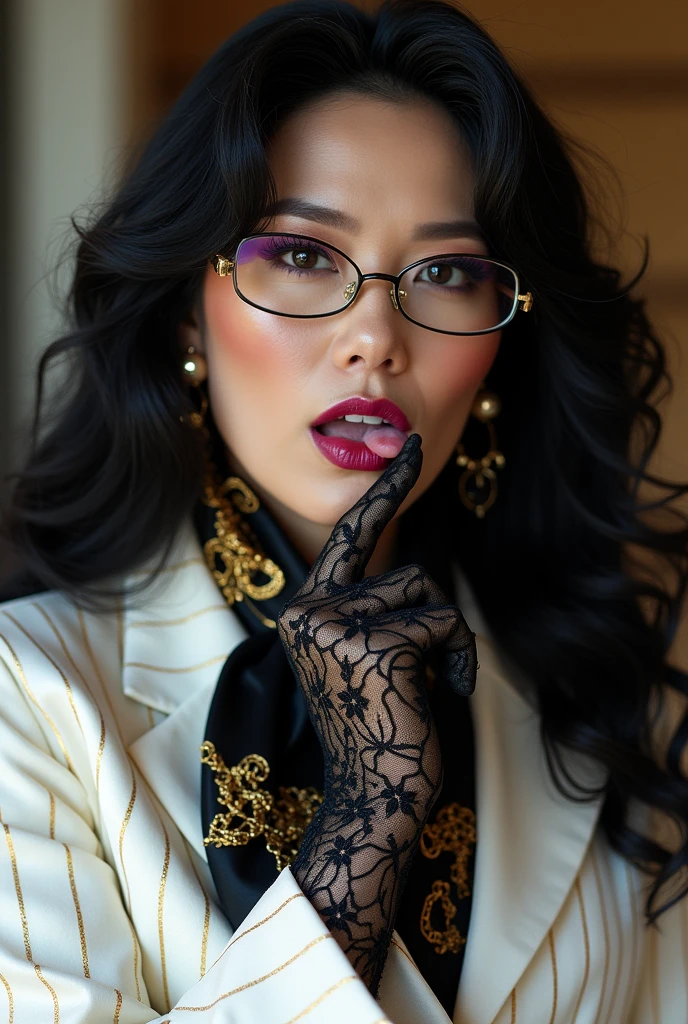 With long, curly black hair、Heavy makeup and purple eyeshadow、Around her neck she wears a ribbon-shaped satin black and gold chain patterned scarf.、Wearing gold-rimmed glasses、Wearing long gloves made of black rose lace、A Japanese woman in her 40s wearing a white suit with glitter stripes is licking her fingers obscenely with her tongue