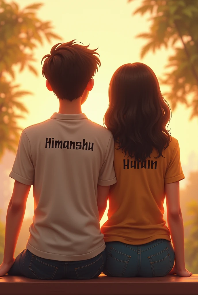 19 years old A handsome boy whose name is HIMANSHU written on his shirt. and 18 years old a beautiful girl whose name is HURAIN written on his shirt, both are together and looking towards the front. both sitting on the bench