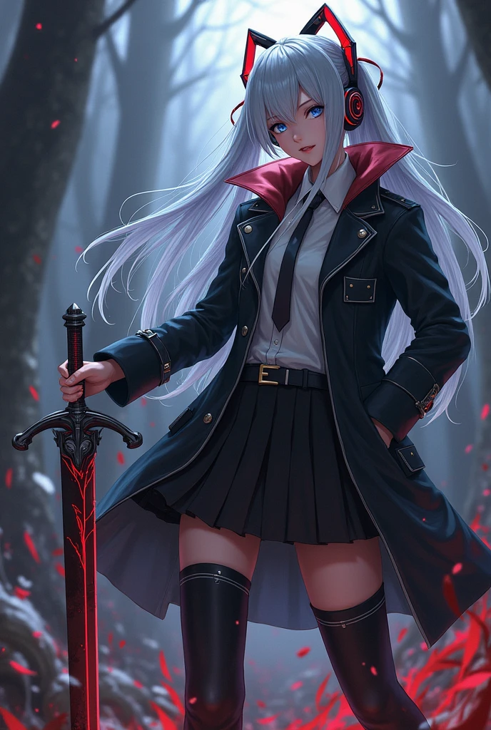 masterpiece、high quality、Anime Style、cyber punk、Dark fantasy、Dark Souls、Bloodborne、In a cruel world、Schoolgirl with a sword（blue eyes、Silver Hair、Swordsman）、uniform（Dress shirt、Dress shirt、blazer、skirt、Long coat）cyber punkブーツを履く（High heels、High Boots）、Wield a giant sword、Bloodstained
