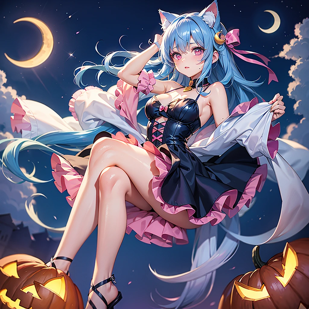 (Sky blue hair),(Medium Hair), (Pink Eyes),Fair skin) ,(whole body),(One Girl),(Crescent Moon),(There are lots of pumpkin ghosts in the background),Cat ear,Cat clothes,Cat's Tail,Ahegao,(If you don't give me sweets, I'll play a prank on you.),Halloween Night Party),(masterpiece, Highest quality, Very detailed, Best Shadow), (Detailed Background), (Beautifully detailed face), High Contrast, (Best lighting, Very delicate and beautiful), ((Cinematic Light)), Hyper Detail,8k, Dramatic Light, Intricate details,night,(Bats flying in the background),Pumpkin handbag,There are sweets in the bag,