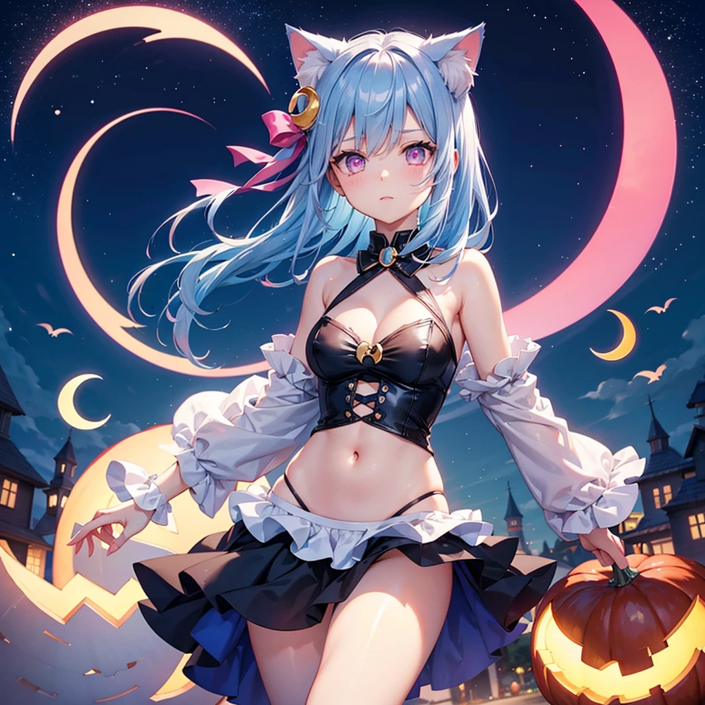 (Sky blue hair),(Medium Hair), (Pink Eyes),Fair skin) ,(whole body),(One Girl),(Crescent Moon),(There are lots of pumpkin ghosts in the background),Cat ear,Cat clothes,Cat&#39;s Tail,(If you don't give me sweets, I'll play a prank on you.),Halloween Night Party),(masterpiece, Highest quality, Very detailed, Best Shadow), (Detailed Background), (Beautifully detailed face), High Contrast, (Best lighting, Very delicate and beautiful), ((Cinematic Light)), Hyper Detail,8k, Dramatic Light, Intricate details,night,(Bats flying in the background),Pumpkin handbag,There are sweets in the bag,