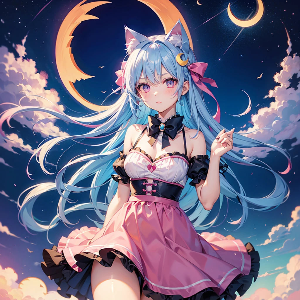 (Sky blue hair),(Medium Hair), (Pink Eyes),Fair skin) ,(whole body),(One Girl),(Crescent Moon),(There are lots of pumpkin ghosts in the background),Cat ear,Cat clothes,Cat&#39;s Tail,(If you don't give me sweets, I'll play a prank on you.),Halloween Night Party),(masterpiece, Highest quality, Very detailed, Best Shadow), (Detailed Background), (Beautifully detailed face), High Contrast, (Best lighting, Very delicate and beautiful), ((Cinematic Light)), Hyper Detail,8k, Dramatic Light, Intricate details,night,(Bats flying in the background),Pumpkin handbag,There are sweets in the bag,