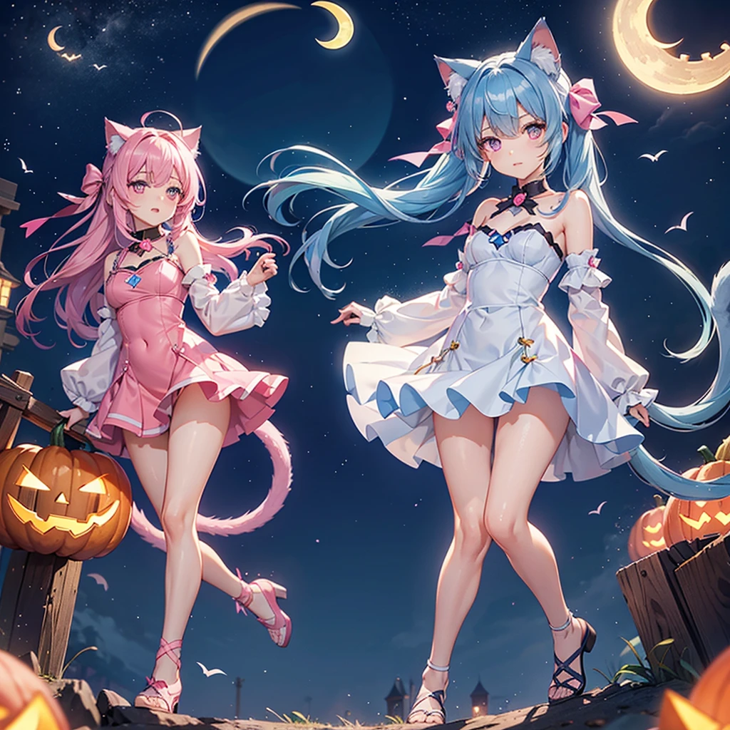 (Sky blue hair),(Medium Hair), (Pink Eyes),Fair skin) ,(whole body),(One Girl),(Crescent Moon),(There are lots of pumpkin ghosts in the background),Cat ear,Cat clothes,Cat&#39;s Tail,(If you don't give me sweets, I'll play a prank on you.),Halloween Night Party),(masterpiece, Highest quality, Very detailed, Best Shadow), (Detailed Background), (Beautifully detailed face), High Contrast, (Best lighting, Very delicate and beautiful), ((Cinematic Light)), Hyper Detail,8k, Dramatic Light, Intricate details,night,(Bats flying in the background),Pumpkin handbag,There are sweets in the bag,