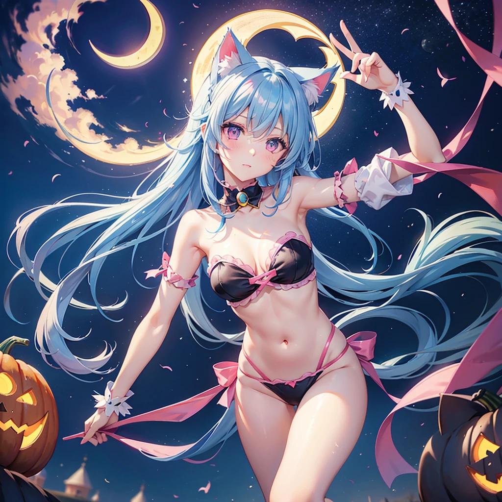 (Sky blue hair),(Medium Hair), (Pink Eyes),Fair skin) ,(whole body),(One Girl),(Crescent Moon),(There are lots of pumpkin ghosts in the background),Cat ear,Cat clothes,Cat's Tail,(If you don't give me sweets, I'll play a prank on you.),Halloween Night Party),(masterpiece, Highest quality, Very detailed, Best Shadow), (Detailed Background), (Beautifully detailed face), High Contrast, (Best lighting, Very delicate and beautiful), ((Cinematic Light)), Hyper Detail,8k, Dramatic Light, Intricate details,night,(Bats flying in the background),Pumpkin handbag,There are sweets in the bag,