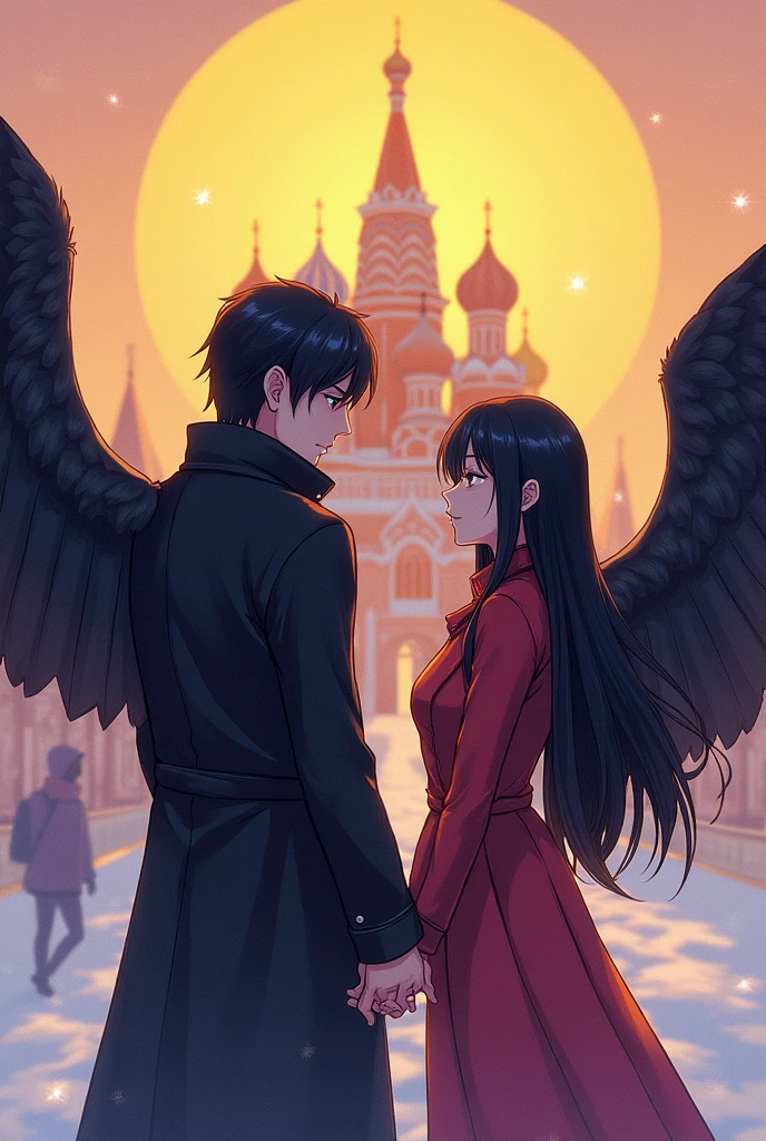 Man and woman, anime, violet, yellow, Anthropomorphic, Bears, wings, St. Basil's Cathedral, winter, dark hair, a stern look, Glossy magazine