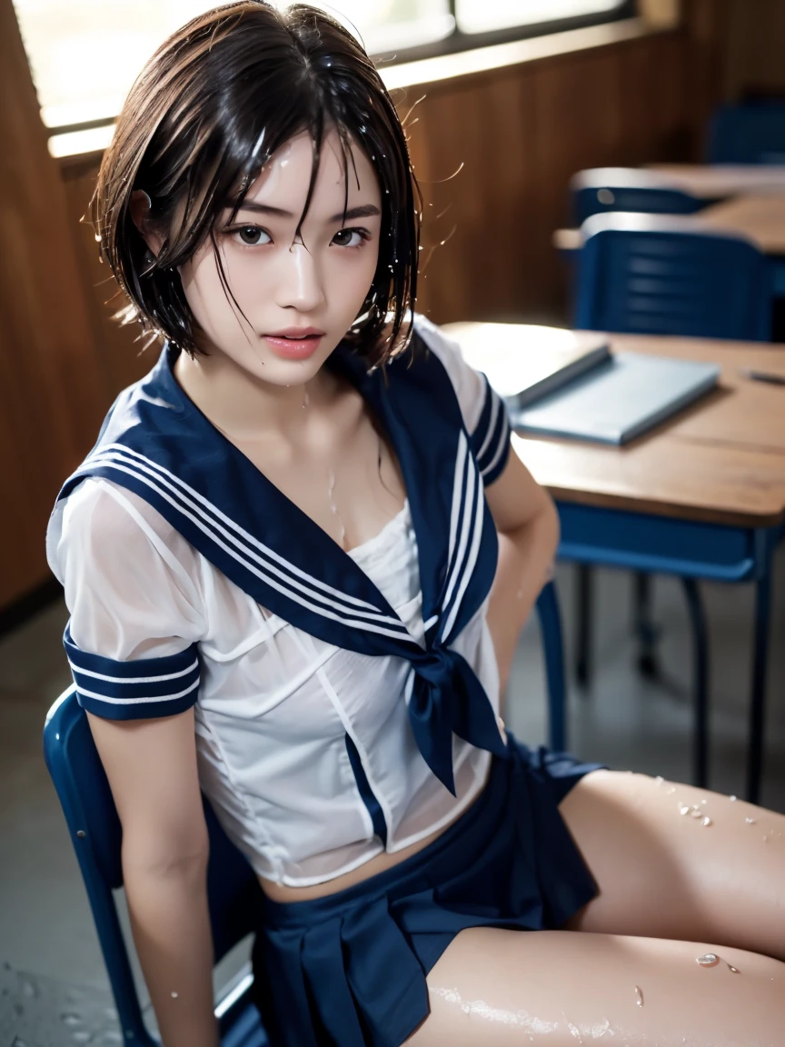 (masterpiece:1.2), Very detailed, Ultra-high resolution, (Realistic, photo Realistic:1.6), High-resolution RAW color photos, Professional photos, Sharp focus:1.2, (Very detailed顔と肌の質感, Very beautiful eyes, Glossのある肌, Glowing Skin, Glowing Skin, Shining Face, Gloss, Oily skin, greasy face, Oily skin, greasy face,),, (real Glossのある肌 texture), Perfect Anatomy, Very detailed背景,(High school classroom at night),((1 female)),25-year-old woman, Japanese women,height: 168cm,(short hair, Straight hair, bangs, Brown Hair),((Flat Chest:1.6)),(Slim, thin legs), ((((Short Sleeve White Sailor School Uni形状、Navy blue pleated skirt:1.5、Sexy bra covered by sailor suit))),Sit at a desk、(((Wet and sheer sailor suit:1.45)))