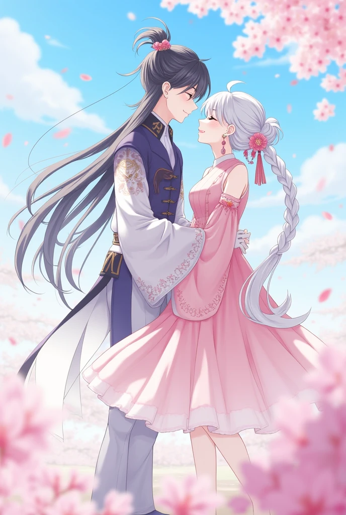 QX,long hair,hair ornament, dress, very long
hair,outdoors,day, multiple boys,black hair,pink
dress, flower,hair flower,petals, cherry blossoms,white hair, jewelry, floral print, 1girl,chinese
clothes,earrings, closed eyes, sky, long sleeves,white gloves, braid,gloves,wide sleeves,blue
sky,ponytail,standing,hair bun, couple,looking at another,hug,smile,single hair bun,pink flower,hanfu,falling petals,bare
shoulders,blurry,couple,(1boy and 1girl:1.3),hug
hands:1.5),blurry,(bad
