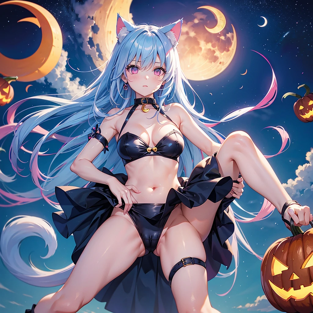 (Sky blue hair),(Medium Hair), (Pink Eyes),Fair skin) ,(whole body),(One Girl),(Crescent Moon),(There are lots of pumpkin ghosts in the background),Cat ear,Cat clothes,Cat's Tail,(If you don't give me sweets, I'll play a prank on you.),Halloween Night Party),(masterpiece, Highest quality, Very detailed, Best Shadow), (Detailed Background), (Beautifully detailed face), High Contrast, (Best lighting, Very delicate and beautiful), ((Cinematic Light)), Hyper Detail,8k, Dramatic Light, Intricate details,night,(Bats flying in the background),Pumpkin handbag,There are sweets in the bag,
