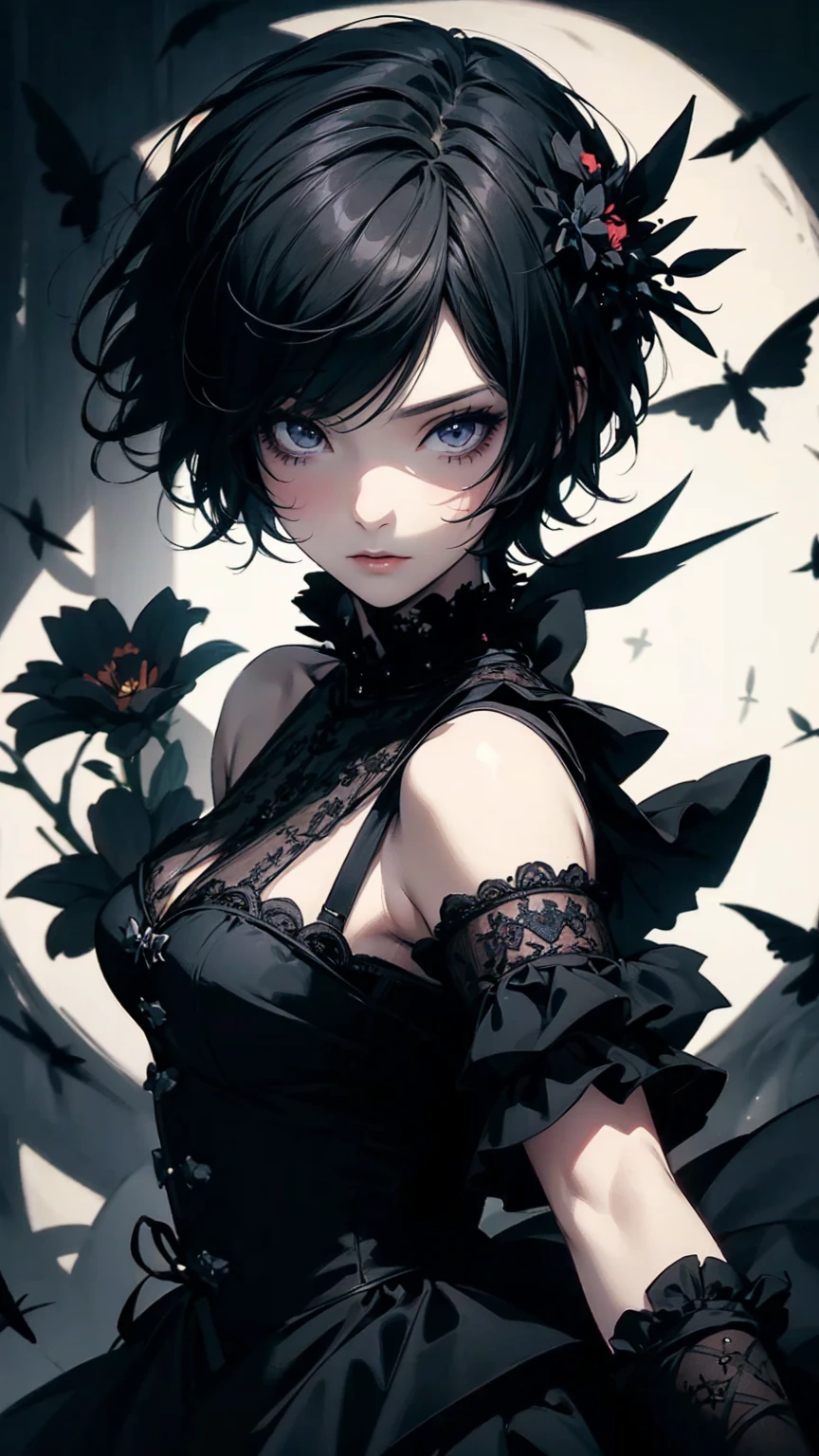 Top view, Woman with asymmetrical short hair, Gothic ta Fashion, A dynamic pose, Collage with black flowers, Anime Style, Simple lines, Digital Painting, (masterpiece, High resolution, Highest quality)