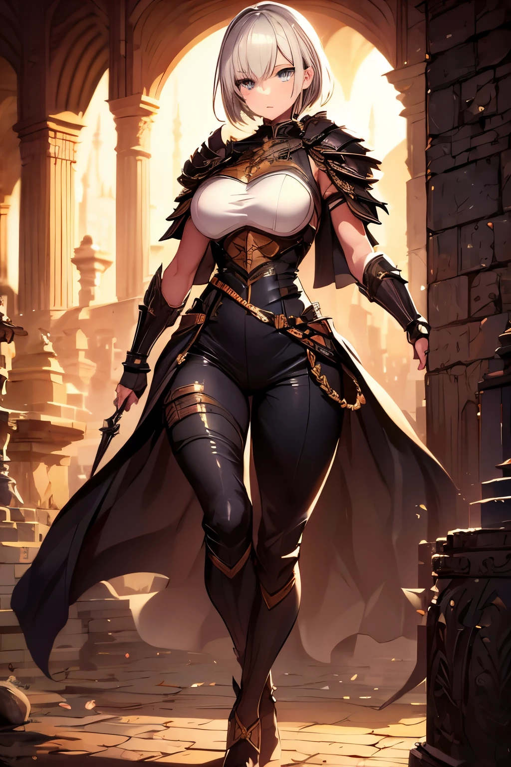 ((masterpiece)),((best quality)),ultra-detailed,illustratio,Explicit,Beautiful body,Beautiful Nose,Beautiful character design,perfect eyes,perfect face,wallpaper,ultra highres,4K,photography,(Beautiful breasts),(beautiful face),(beautiful legs, perfect legs),shiny skin,anime screencap,official style,BREAK,1girl,knight,slender,black very short hair,full clothed,wearing full armor,((wearing jodhpurs pants)),wearing armor boots,wearing cloak,BREAK,standing,BREAK,Citadel,looking at viewer,((full body)),from forward,