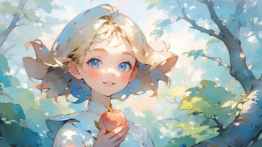 1girl, acorn, bare tree, blonde hair, blue eyes, branch, dress, forest, holding, holding, leaf, lips, looking at viewer, nature, painting \(medium\), peach, short hair, solo, traditional media, tree, upper body, watercolor \(medium\), cute, smile