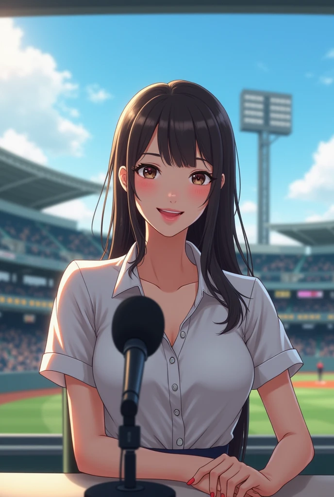 (((photograph、Realistic)))Woman sitting at a desk in front of a microphone, instagramart, Shinhanga, baseball stadium during a game, bright atmosphere, Tokyo Dome, covered!!, official media, toriyama akira, lightning!! (((photo, Photorealism))) , adult video poster layout, text on screen: "female announcer Shocking AV debut!!", big breasted female porn actor, dynamic pose, happy expression, pure beautiful smile, intelligent face, slender curves, large breasts, (((DVD mark, Blu-ray mark))).