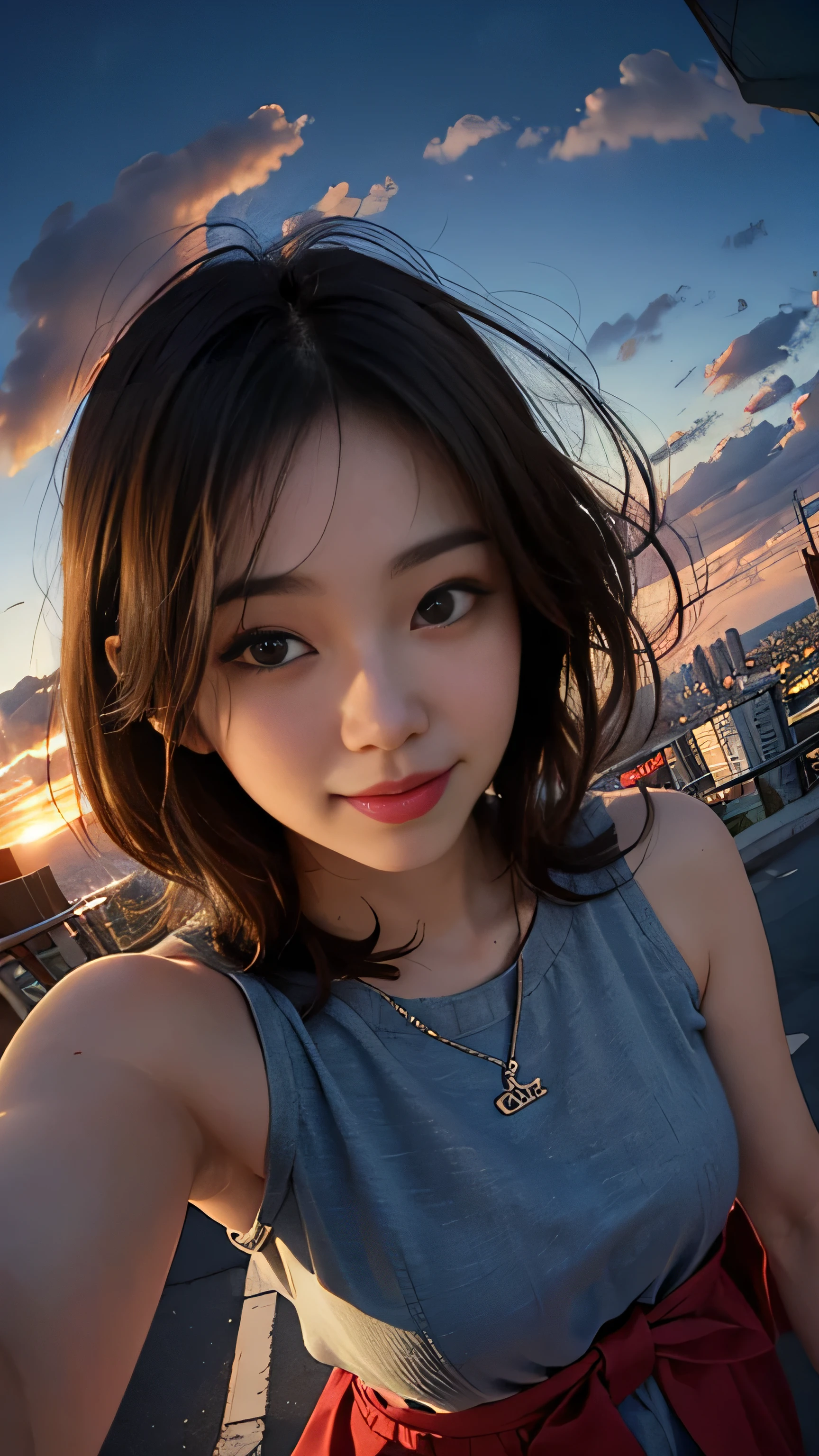 One girl, Korean, Fisheye Lens, Selfie, Wind, Messy Hair, sunset, Cityscape, (Aesthetics and atmosphere:1.2),smile