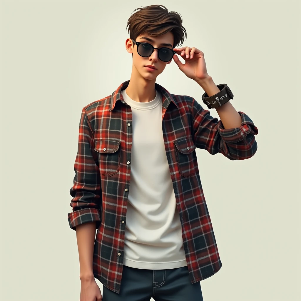 A cool Teenager tall guy wearing flannel shirt layered with white tshirt looking at viewer putting off his sunglasses and giving aesthetic vibe