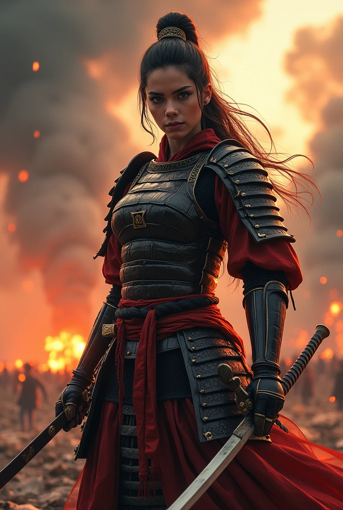 ((Japan Female Samurai),battlefield,Dynamic pose,Portrait of the upper body、Long sword,armor,Burning sky,Crazy Details,Intricate details,High resolution,8k,((Anatomically correct))