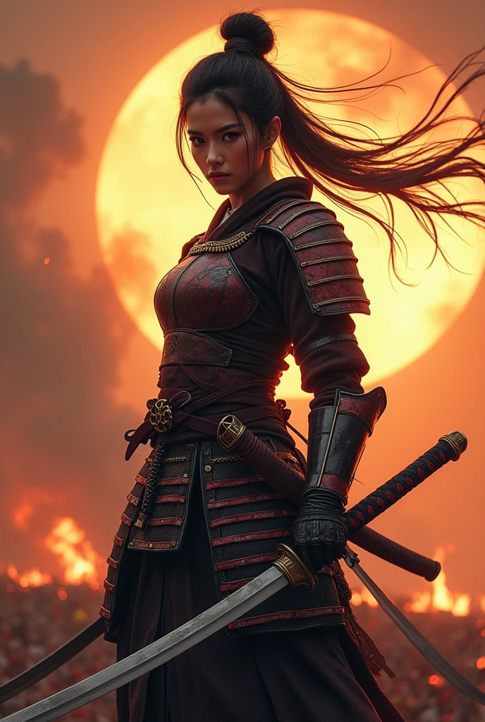 ((Japan Female Samurai)，battlefield，Dynamic pose，Portrait of the upper body、Long sword，armor，Burning sky，Crazy Details，Intricate details，High resolution，8k，((Anatomically correct))