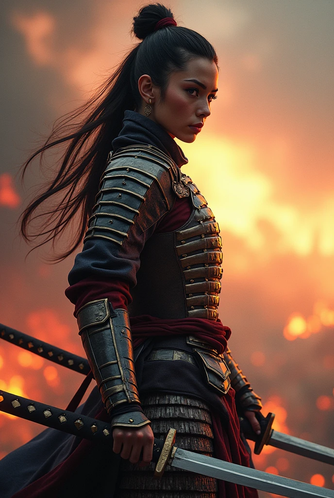 ((Japan Female Samurai),battlefield,Dynamic pose,Portrait of the upper body、Long sword,armor,Burning sky,Crazy Details,Intricate details,High resolution,8k,((Anatomically correct))