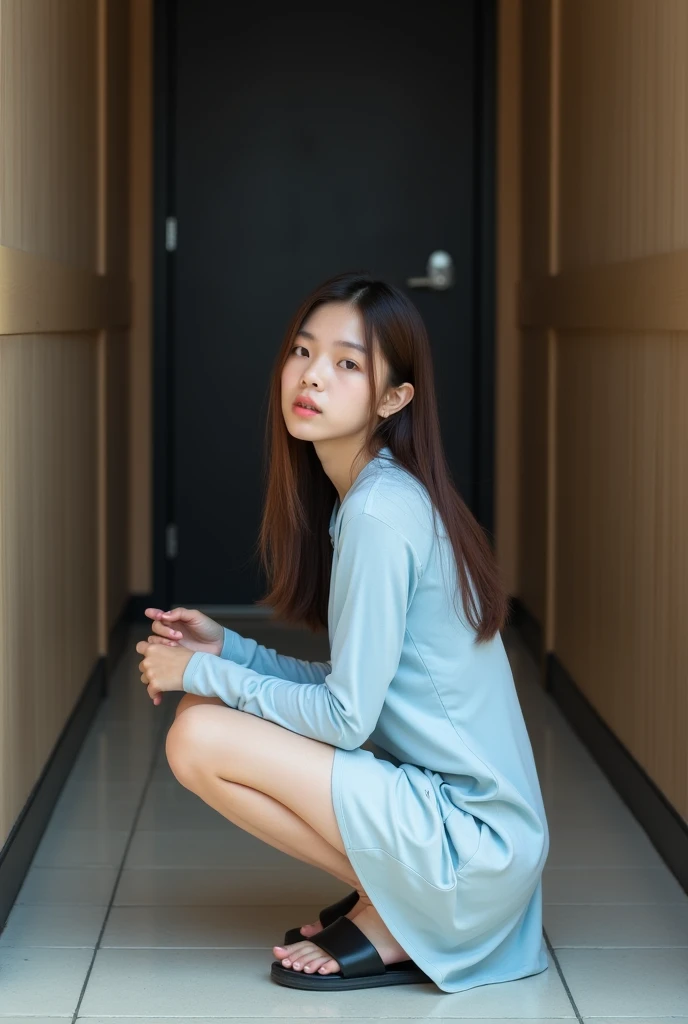 A photograph of a japanese young woman with long, straight brown hair, squatting down in a small, enclosed indoor space, likely an entrance or hallway area. She is wearing a light blue long-sleeved shirt and a light-colored skirt that covers her legs as she squats, her hands gently resting on her knees. The woman is looking directly at the camera with a calm and composed expression. She is wearing black open-toe sandals, and the tiled floor beneath her is light-colored, reflecting some of the ambient light. The background features a dark door and wooden paneling on the walls, suggesting a modern, minimalistic interior design. The overall atmosphere is quiet and intimate, with soft lighting that highlights the woman’s features and her relaxed posture