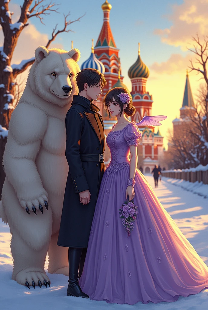 Man and woman, anime, violet, yellow, anthropomorphic, bear, wings, St. Basil's Cathedral, winter, dark hair, a stern look, Glossy magazine