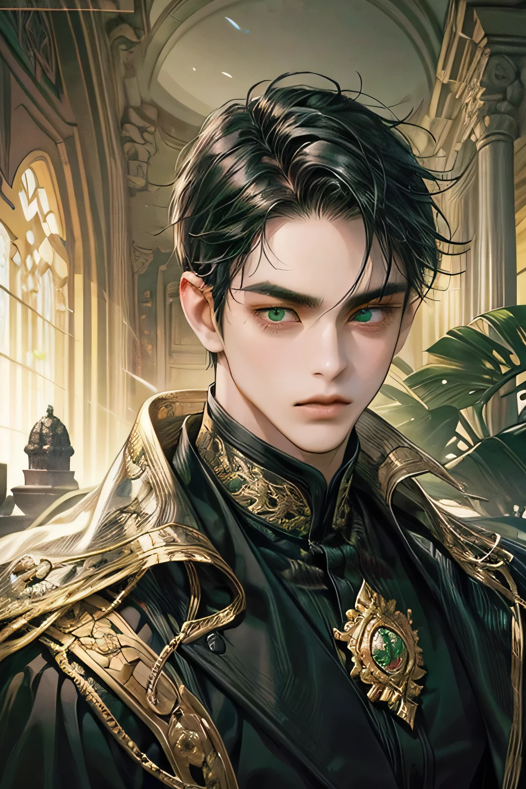 1man, black hair, javanese style, masterpiece, best quality, realistic, quiet and charming, 29 years old, light green eyes, serious, extremely detailed face, cold,((short-right-swept dark black hair)), [ eyebrows], black suit, prambanan temple, accurate, detailed
