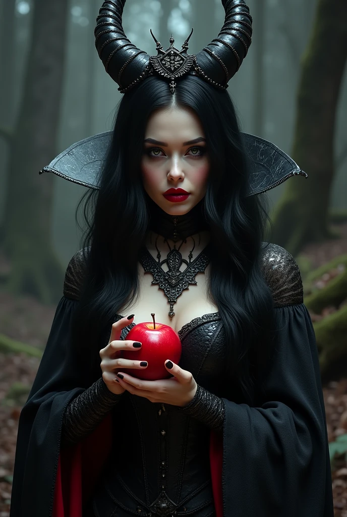 Girl,Black long hair，Black Queen，accessories，Apple in hand，Poison apples，Witch Queen，Red lipstick