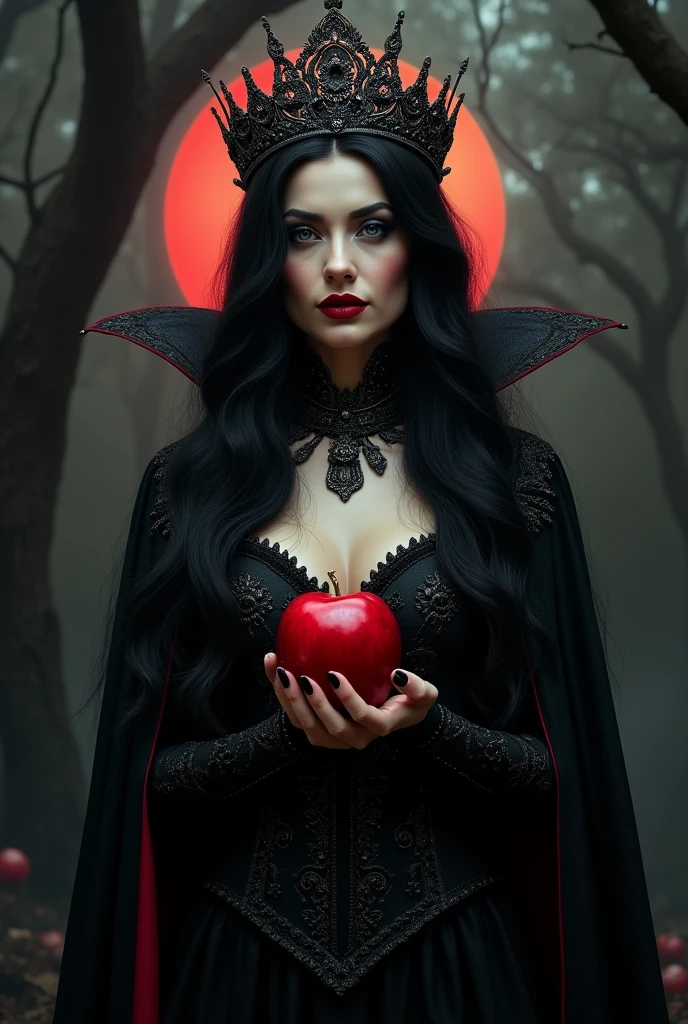 Girl,Black long hair,Black Queen,accessories,Apple in hand,Poison apples,Witch Queen,Red lipstick
