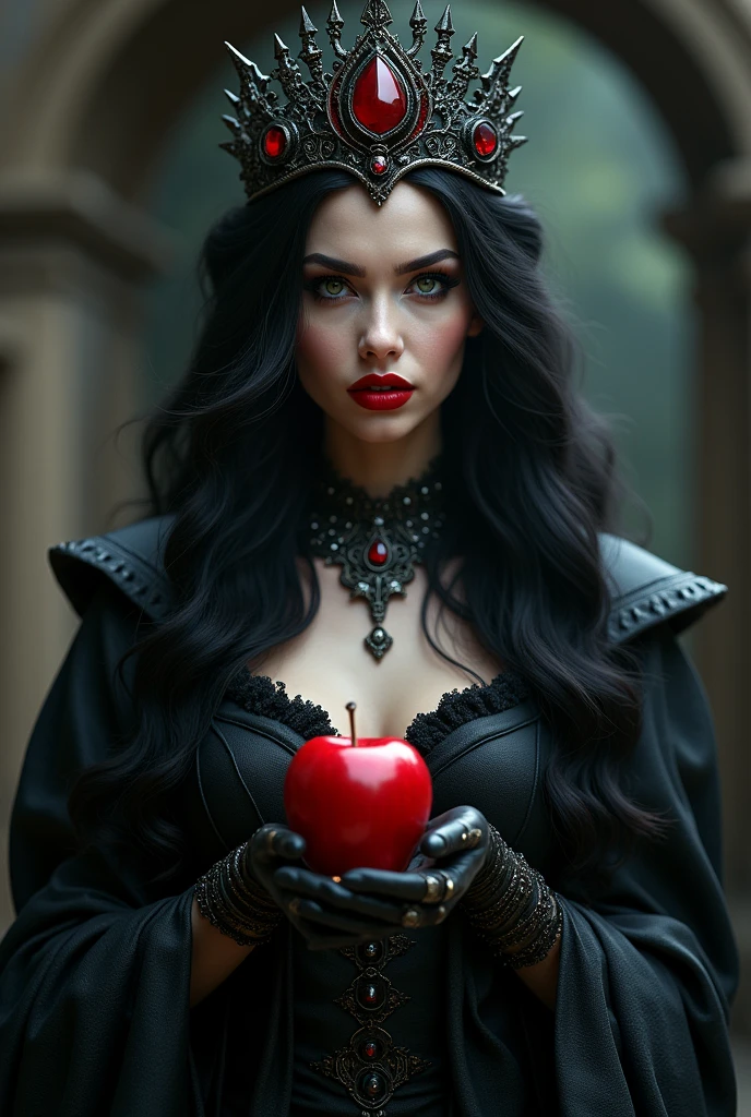 Girl,Black long hair，Black Queen，accessories，Apple in hand，Poison apples，Witch Queen，Red lipstick