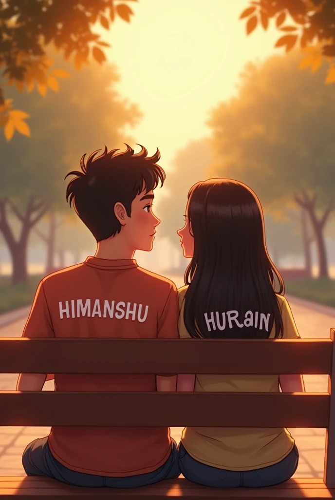 19 years old A handsome boy whose name is HIMANSHU written on his shirt. and 18 years old a beautiful girl whose name is HURAIN written on his shirt, both are together and looking towards the front. both sitting on the bench