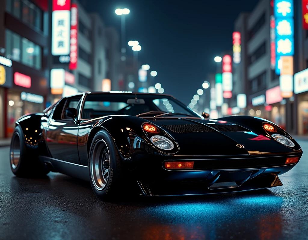 Lamborghini Miura (1966) Glossy Black , with extreme widebody kit, LED lights under the car, close-up photo shot, hyper-realistic, focus on car,  Night Tokyo, lo-fi vibes, professional photo-shot , Vice City vibes, hyper-realistic details, realism, detailed reflections, urban scenery, professional photo quality, realistic artwork, moody lighting, anime scene, chilling vibes 