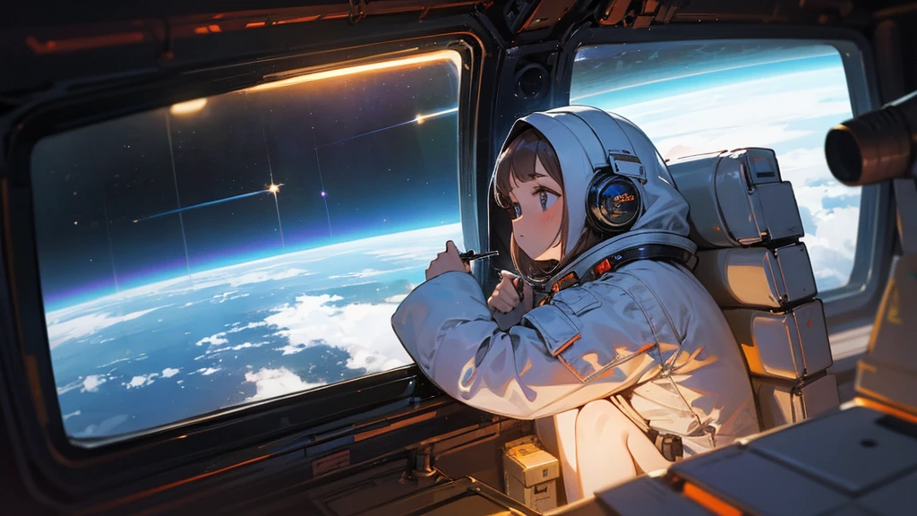 Girl writing a blog in outer space