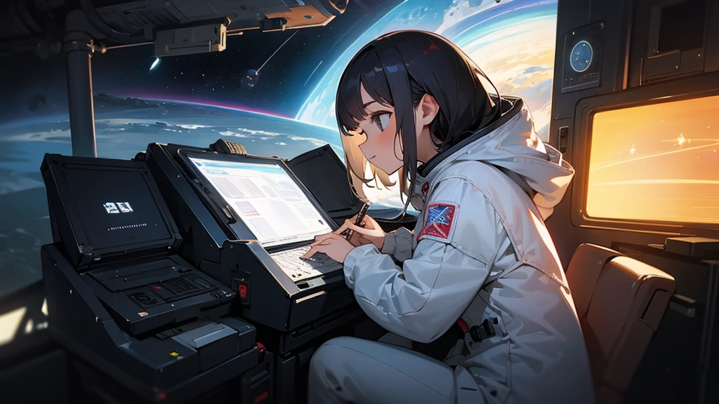 Girl writing a blog in outer space