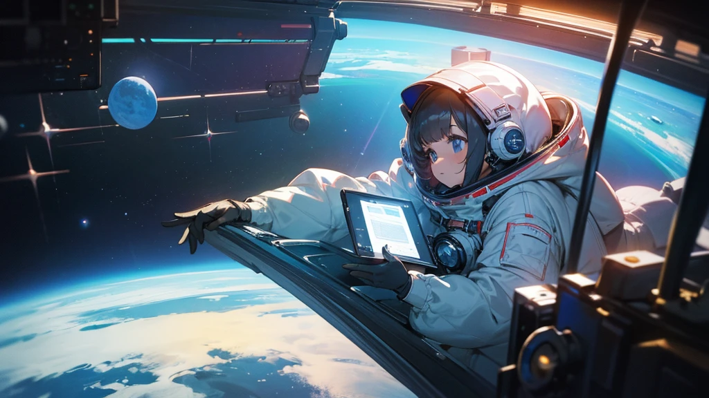 Girl writing a blog in outer space