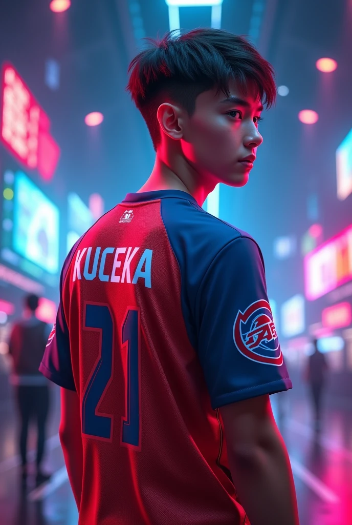 A young man gamer wearing esports jersy, with a name "KUCEKA" at the back.