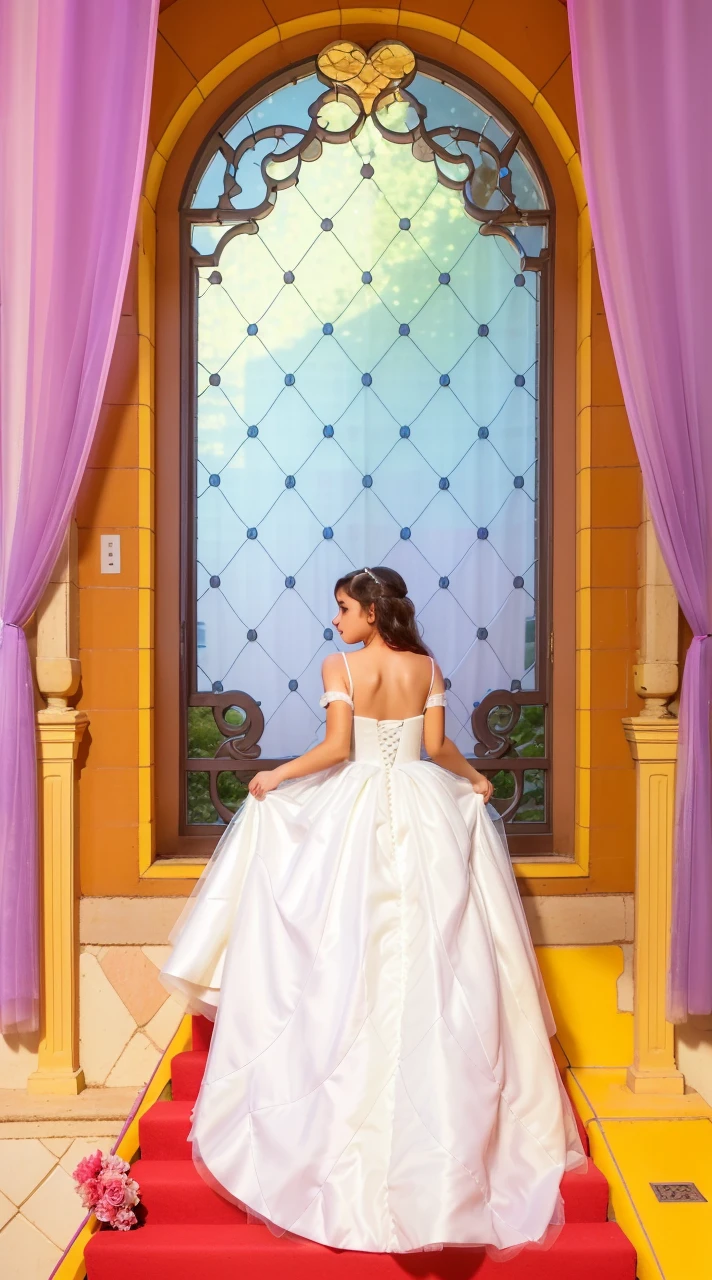 back view, a gorgeous 10 year-old girl, white tulle ball gown, dragging her dress while walking towards a window, extremely detailed, 4k