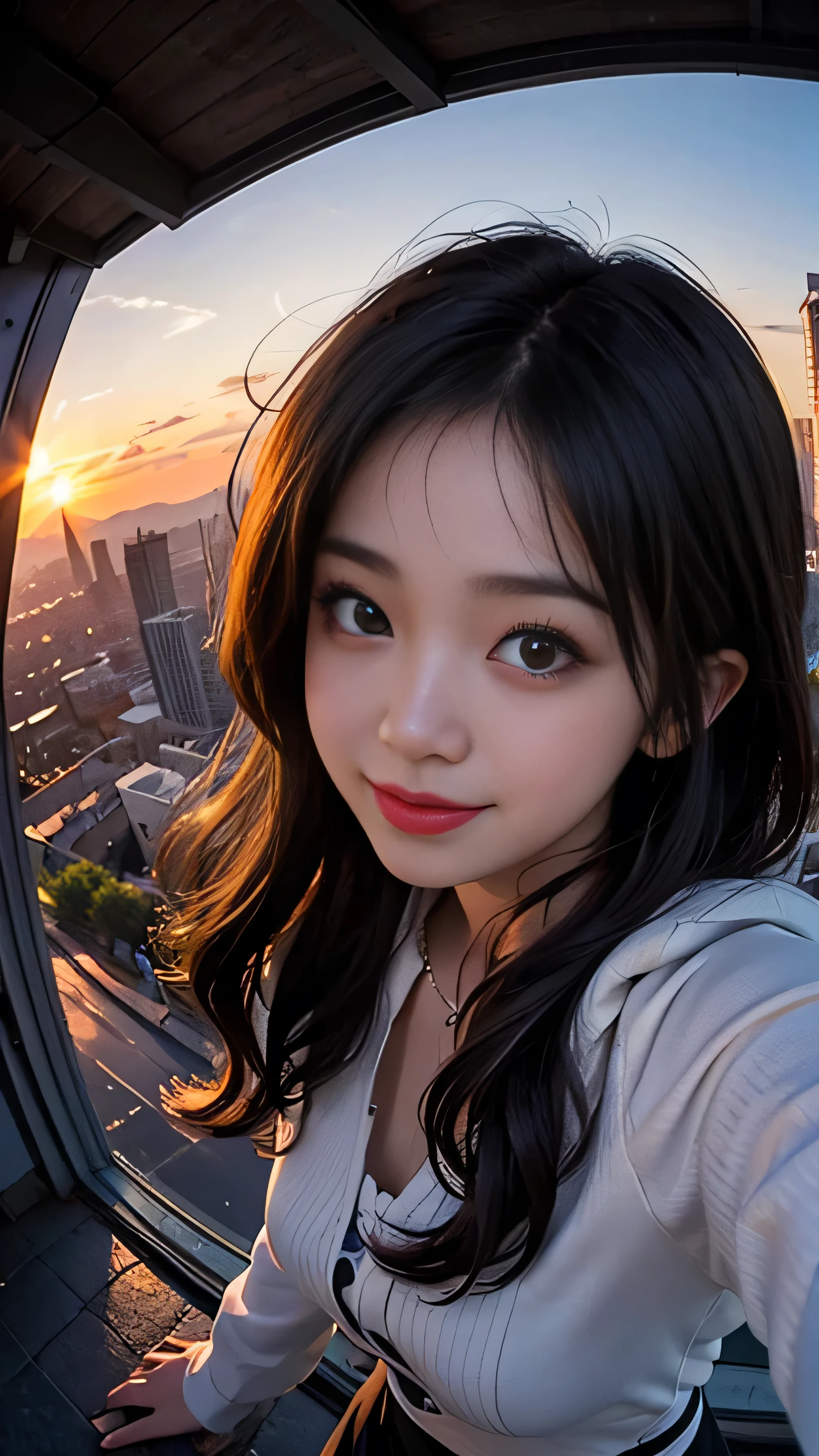 One girl, Korean, Fisheye Lens, Selfie, Wind, Messy Hair, sunset, Cityscape, (Aesthetics and atmosphere:1.2),smile