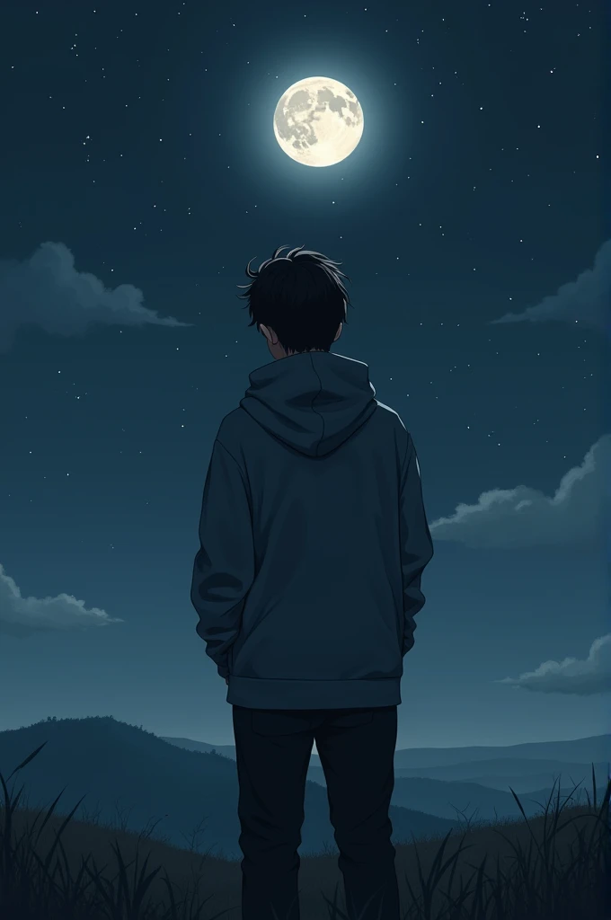 A sad 20 year old boy standing in hoodie and alone in night sky full star and watching moon in landscape mood