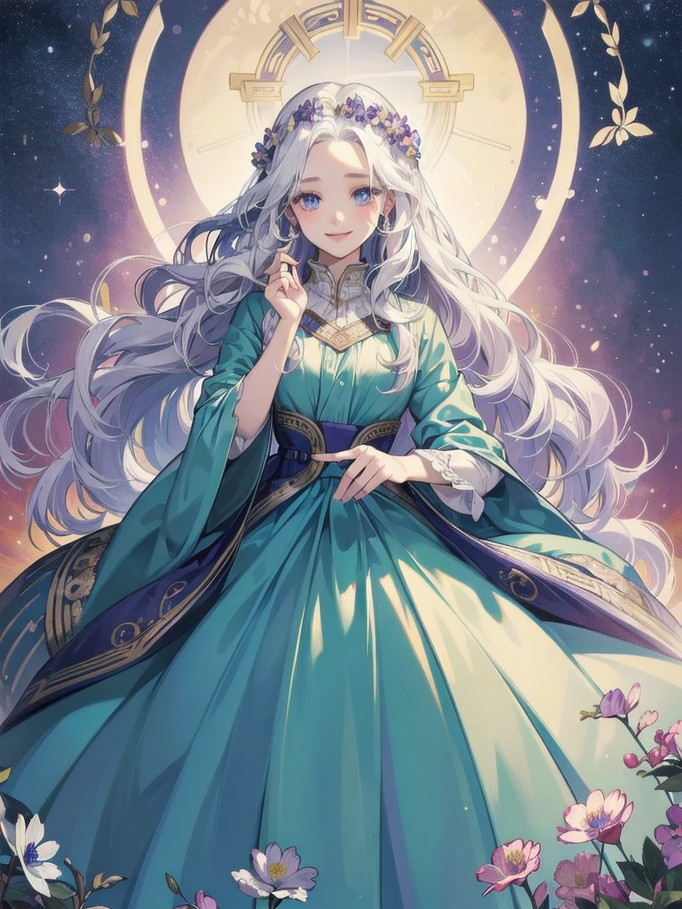 ((Highest quality)), ((masterpiece)), (detailed), White hair that glows pale in seven colors、Long Wavy Hair、Curly long hair、The forehead is protruding、Violet-blue dawn eyes、beautiful girl、human、One person、flower、Smile、curly hair,Ancient Greek and Roman Dresses、One personのbeautiful girl