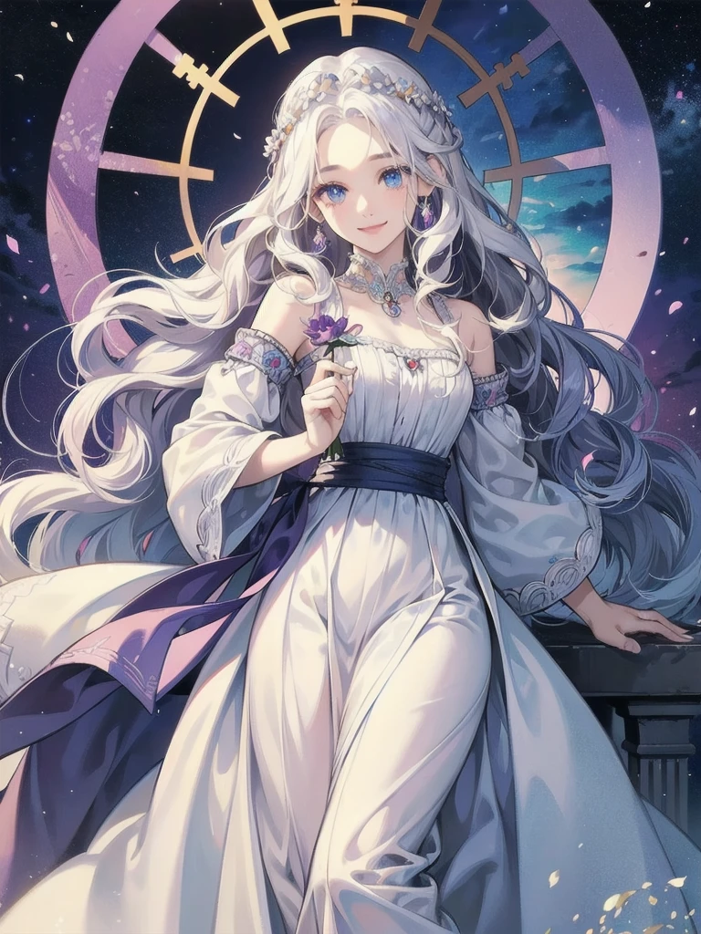 ((Highest quality)), ((masterpiece)), (detailed), White hair that glows pale in seven colors、Long Wavy Hair、Curly long hair、The forehead is protruding、Violet-blue dawn eyes、beautiful girl、human、One person、flower、Smile、curly hair,Ancient Greek and Roman Dresses、One personのbeautiful girl