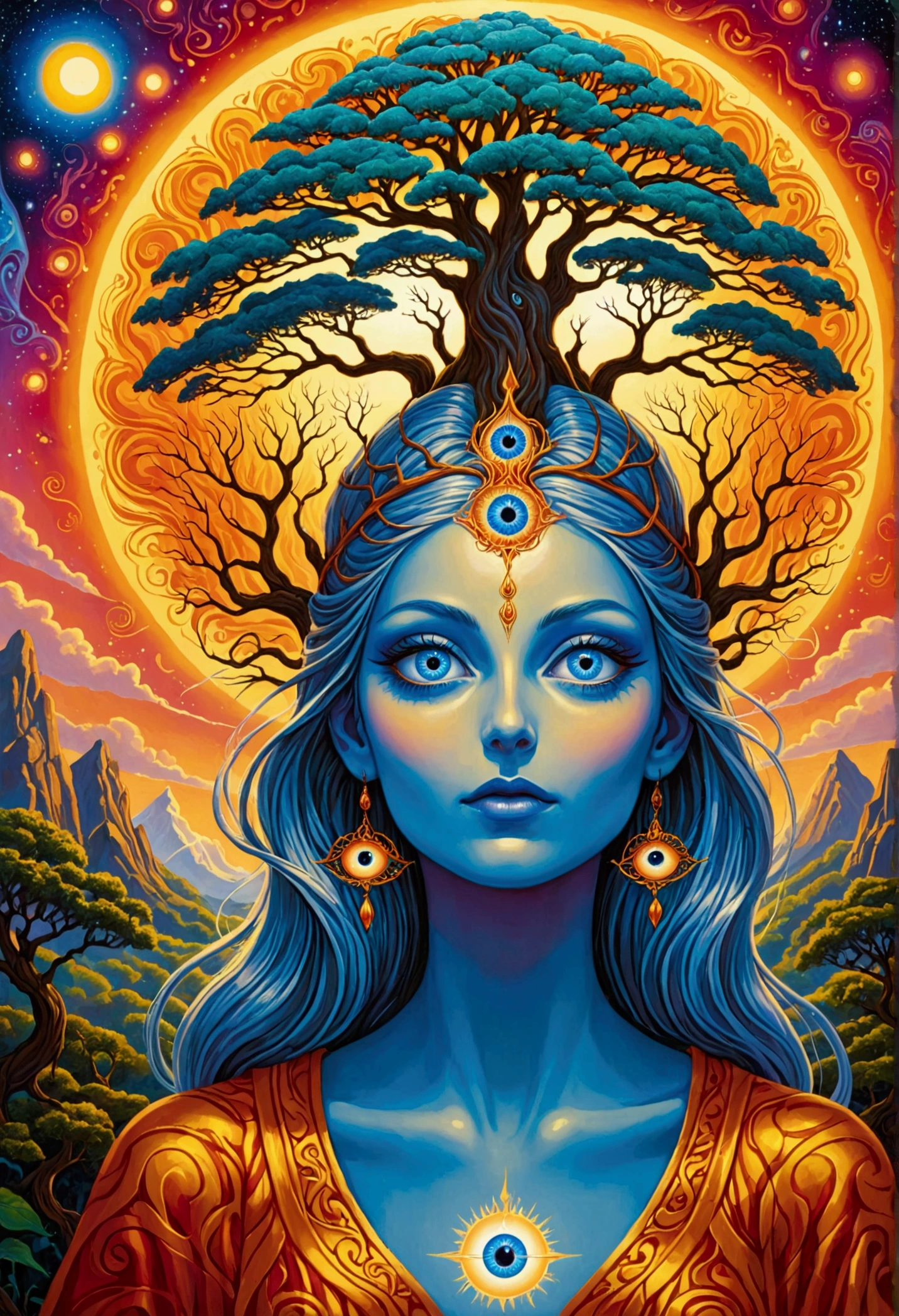 A painting,The woman in the painting holds a tree on her head, The Holy Grail of Brain Tree Eyes, Alex Gray Art, highly detailed Fantasy Art, Alex Gray and Tim Hildebrandt, psychedelic artwork, Alex Gray's style, Fantasy Art style, The Third Eye, alex grey style, Fantasy Art, dmt goddess, Chris Dale, Third Eye Vision, DMT art