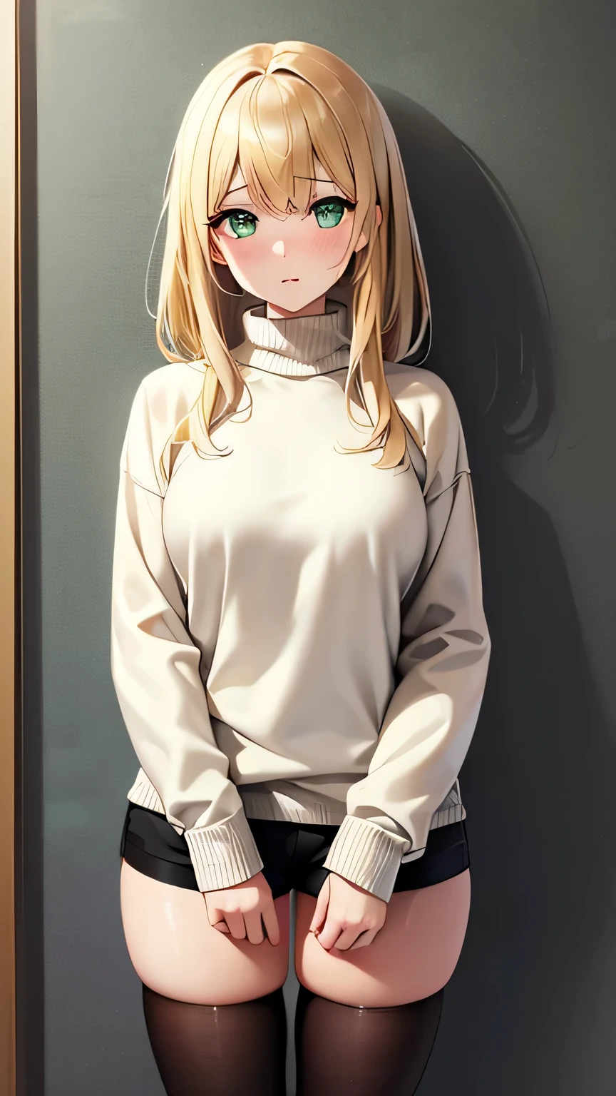 Highest quality, Soft Light, Ultra-high resolution,People Girls, alone, sexy, （Embarrassed face), (Lime green eyes,Detailed beautiful eyes), Beautiful face in every detail,(High resolution detail of human skin texture), (Golden medium hair),（Sweat:1.1）,（masterpiece:1.3）,（Realistic:1.2）,（Open your mouth:1.1）,Long sleeve sweater,stockings,Shorts