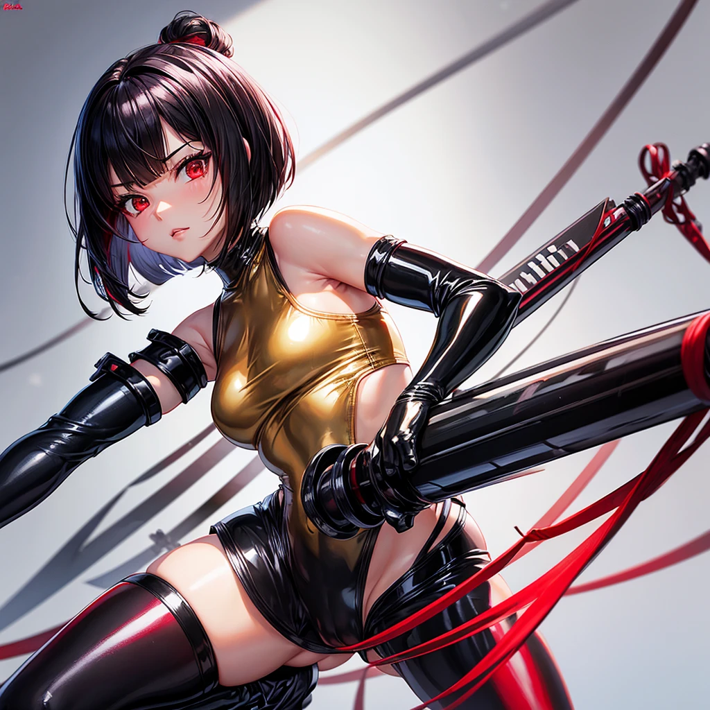 solo girl,Glossy metalic light silver tank top, tight latex shiny, Red interpolation color,Black hair bob,red eyes, camel toe, Samurai Sword,
Lift one leg, sexy lady, โชว์กางเกงใน girl,