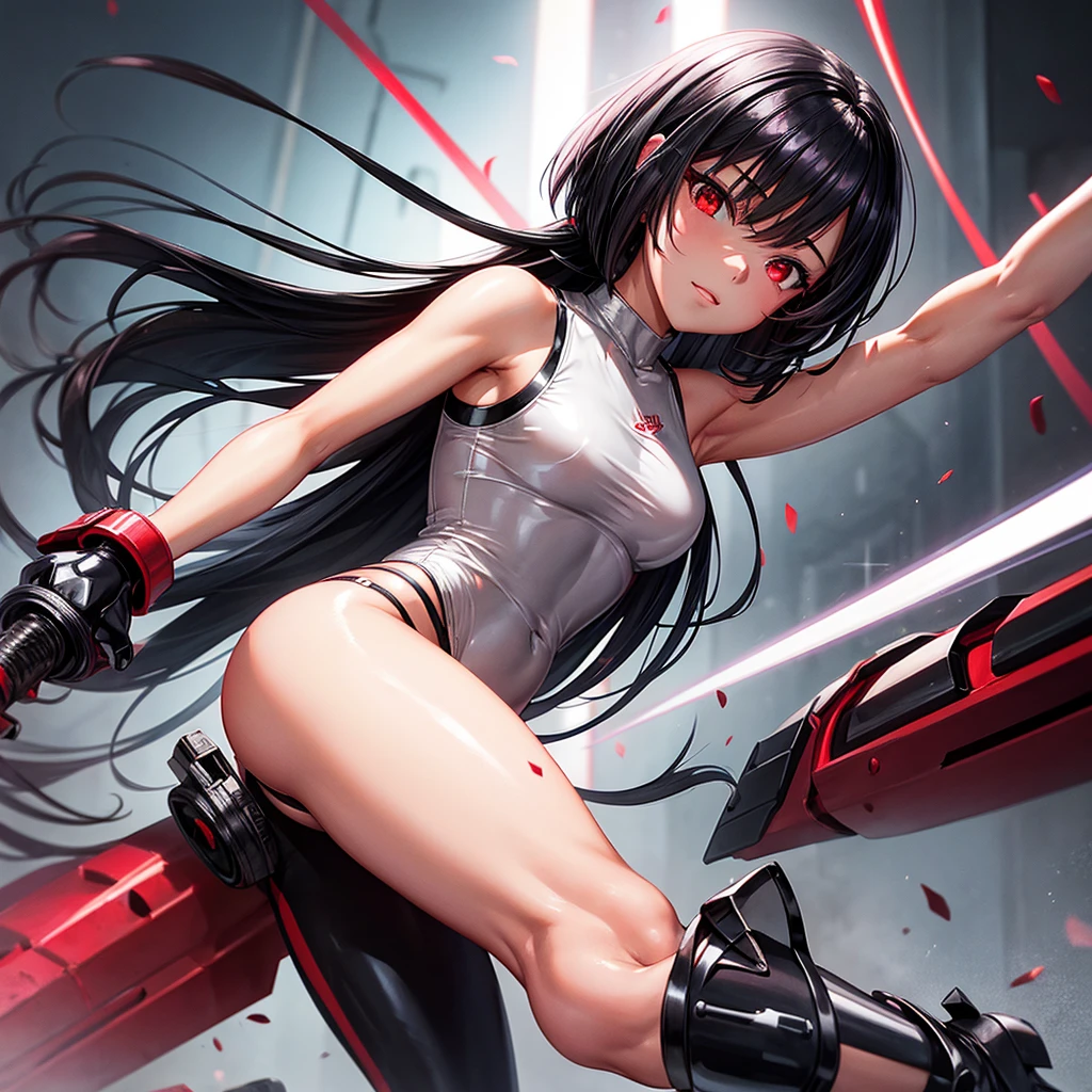 solo girl,Glossy metalic light silver tank top, tight latex shiny, Red interpolation color,Black hair bob,red eyes, camel toe, Samurai Sword,
Lift one leg, sexy lady, โชว์กางเกงใน girl,