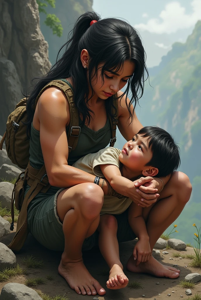 A strong girl lift up a injured boy on her lap