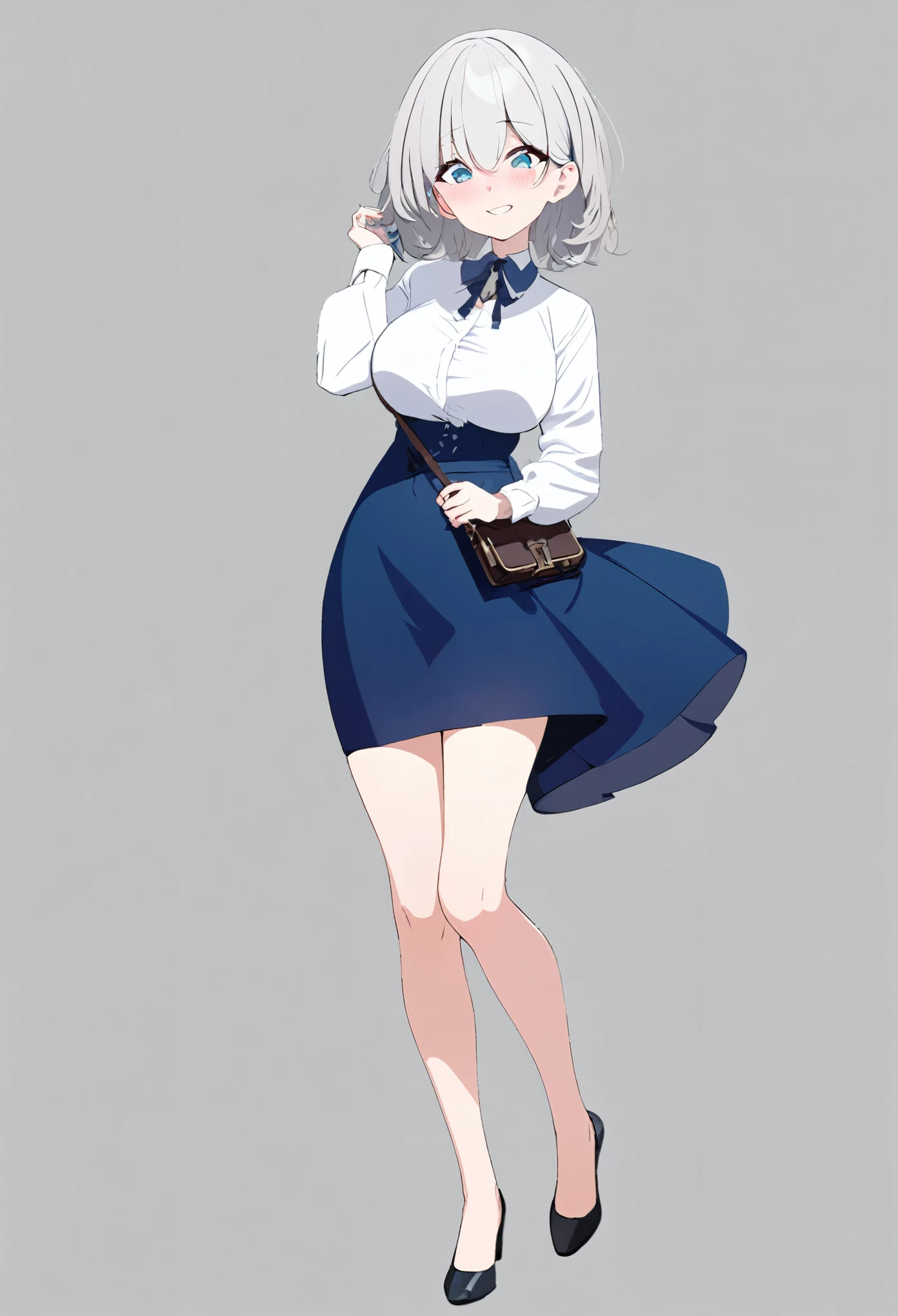 (masterpiece), Highest quality, Cyan eyes, Light grey hair, Expressive eyes, simple background, full body, blue dress, smile, blush, middle brests, long shot