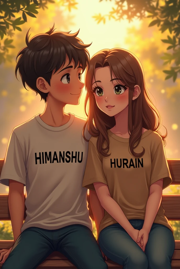 19 years old A handsome boy whose name is HIMANSHU written on his shirt. and 18 years old a beautiful girl whose name is HURAIN written on his shirt, both are together and looking towards the front. both sitting on the bench